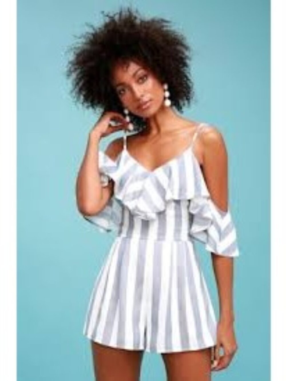 Patriotic Blue White Stripe Ruffle Romper 4th of July Coastal Festive Small